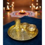 Pure Brass Pooja Thali Dinner Set of 5 Pieces | 1 Plate 2 Bowls 1 Glass & 1 Spoon