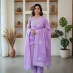 Premium breathable cotton/organza blend, Premium Cotton Organza Blend Unstitched Suit Set | Soft Lavender / Lilac Elegance