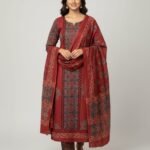 3-Piece Ajrakh Modal Silk Suit Set | Vegetable Dye | Dola Silk Dupatta