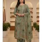 Shimmer Silk Suit in Olive Green with Kantha Work | Elegant Designer Ethnic Wear
