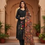 Premium Organza Blend Black Suit with Pakistani Floral Embroidery & Geometric Dupatta